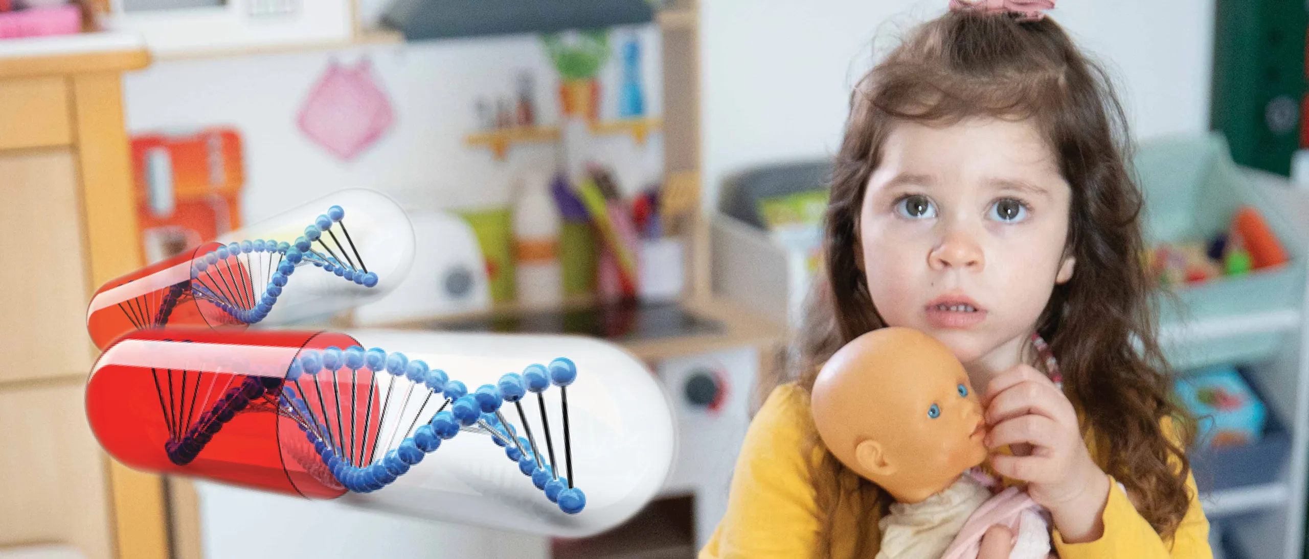 Karolina, a young girl with Cockayne syndrome type B, holding her doll next to an illustration of a DNA strand in a capsule