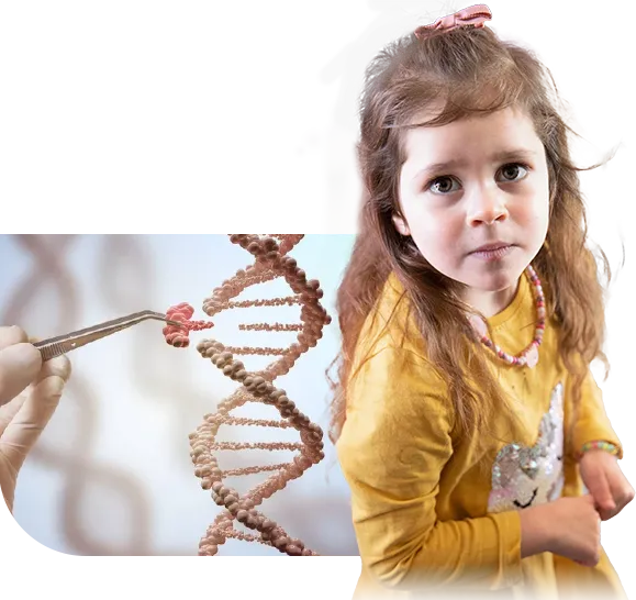 Karolina, a girl with Cockayne syndrome type B, next to an illustration of a DNA double helix